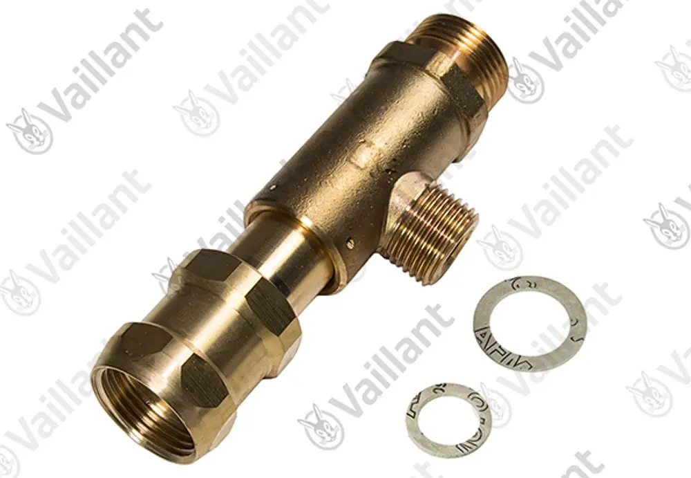 Vaillant T-Stück aus Messing mit mehreren Anschlussgewinden, zwei Dichtungen daneben, für Rohrverbindungen in Heizsystems.